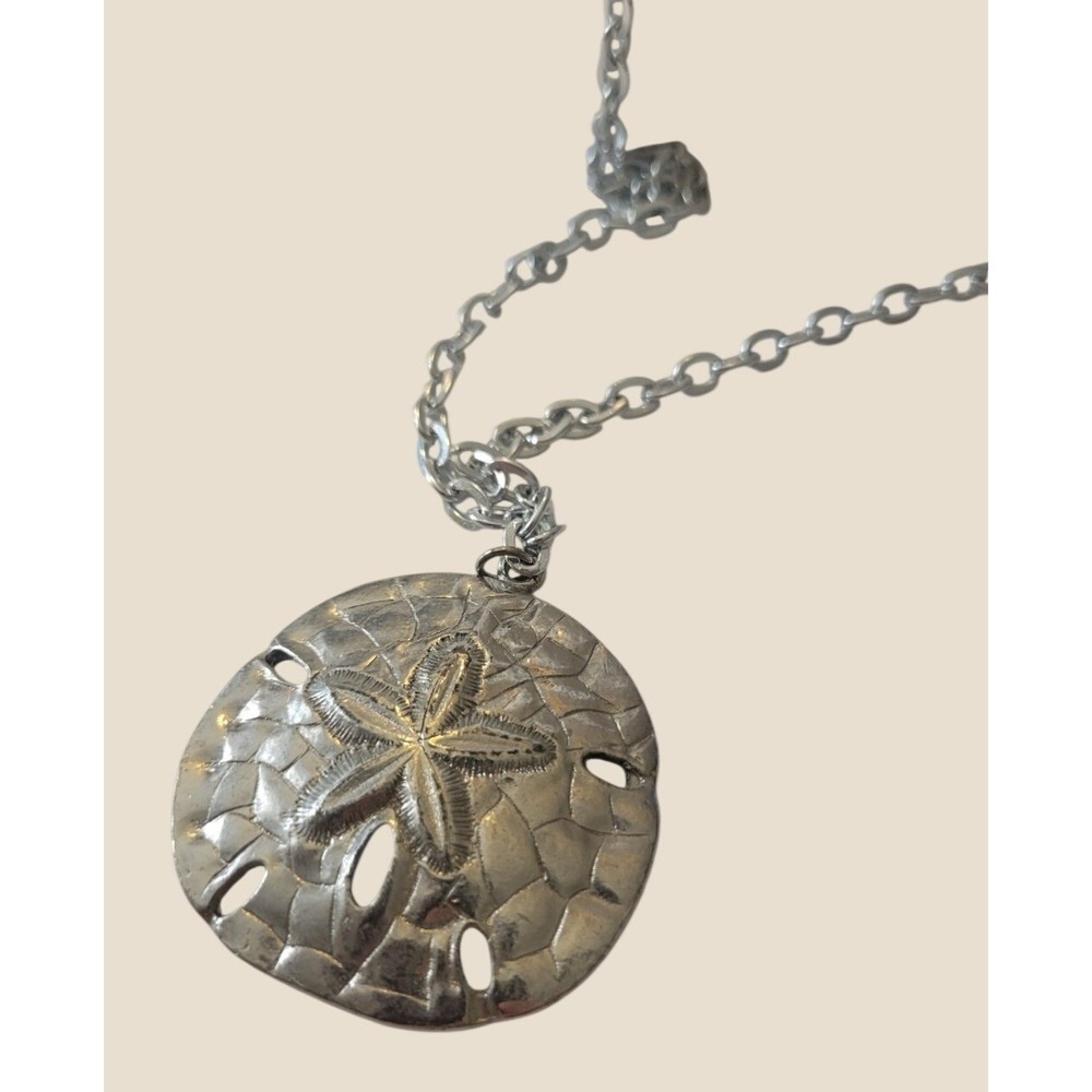 Sand Dollar Pendant Necklace Coastal Beachy Nautical Boho Silver Tone